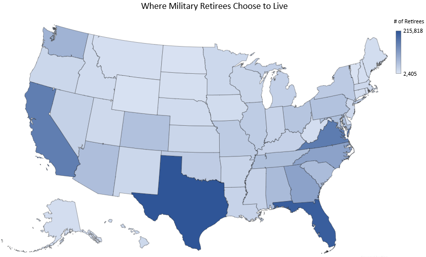 a population map of locations where military retirees retire to in the US